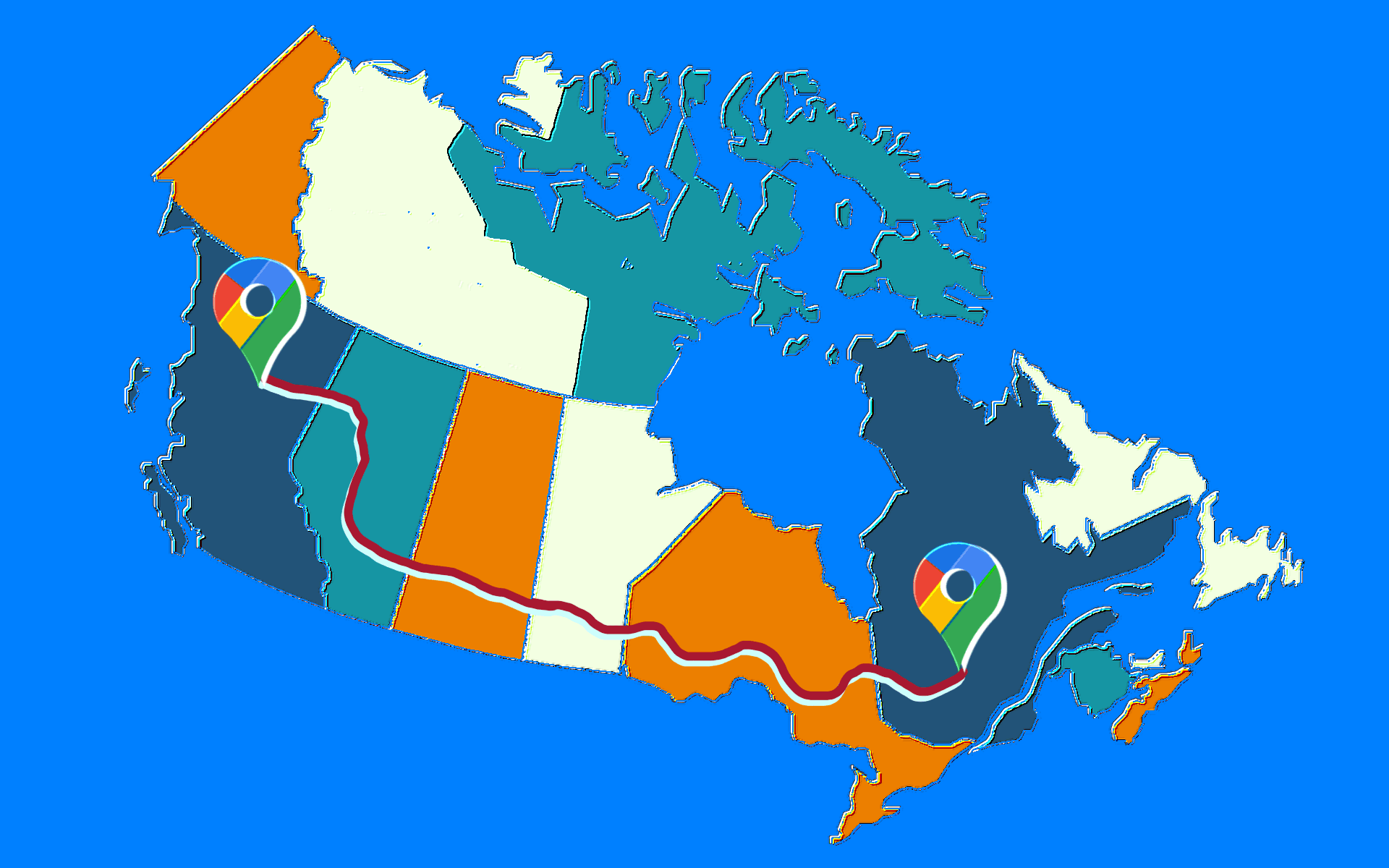 Map of Canada with a location pin in Quebec and another in British Columbia. A red trail marking a journey connects the pins